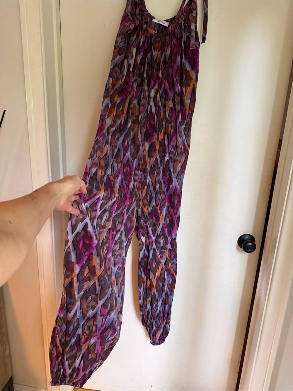 Printed Harem Jumpsuit in Purple and Brown - Relaxed Pull-On Romper